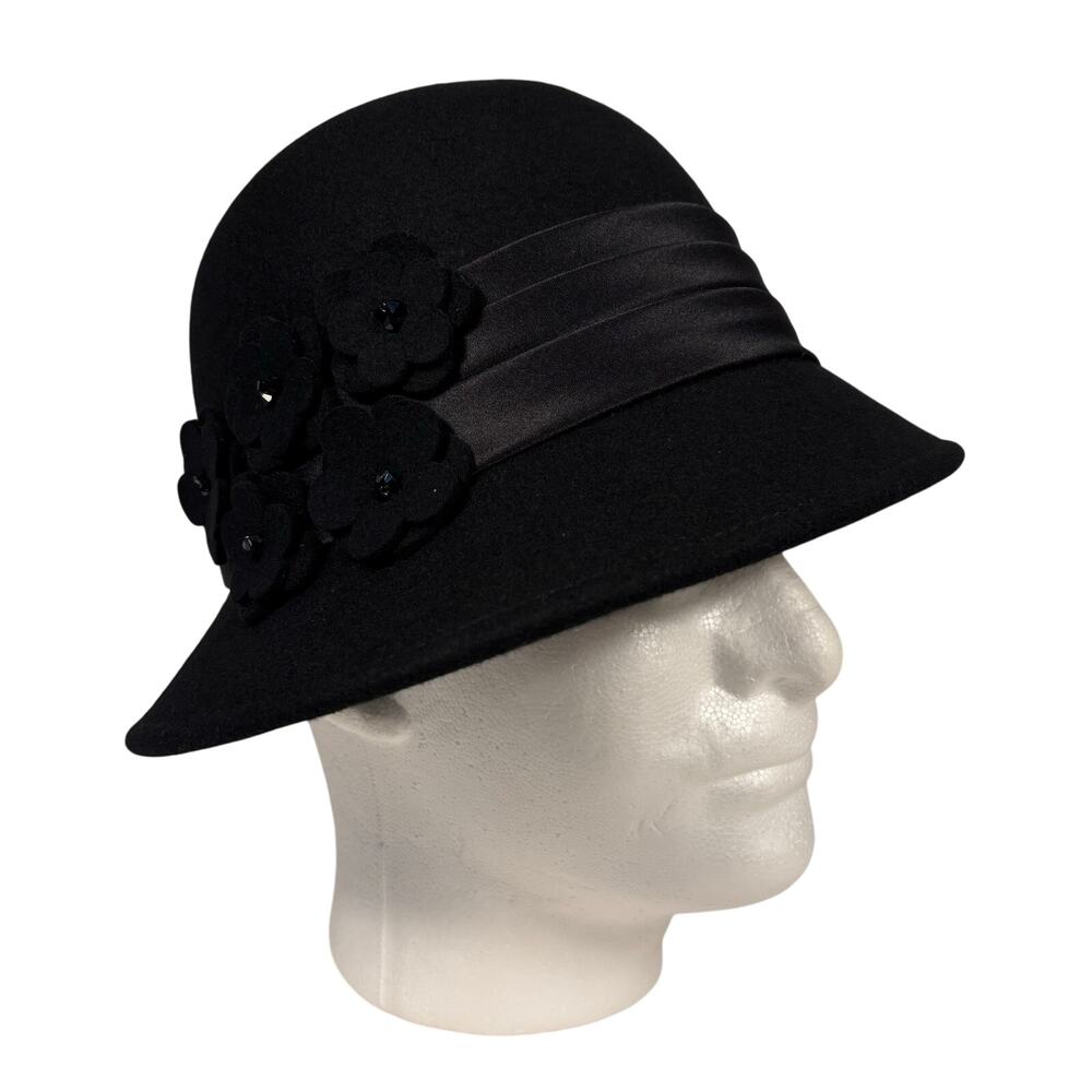 Adora Black Wool Floral Ribbon Felt Winter Cloche Hat Adjustable Womens OS NEW